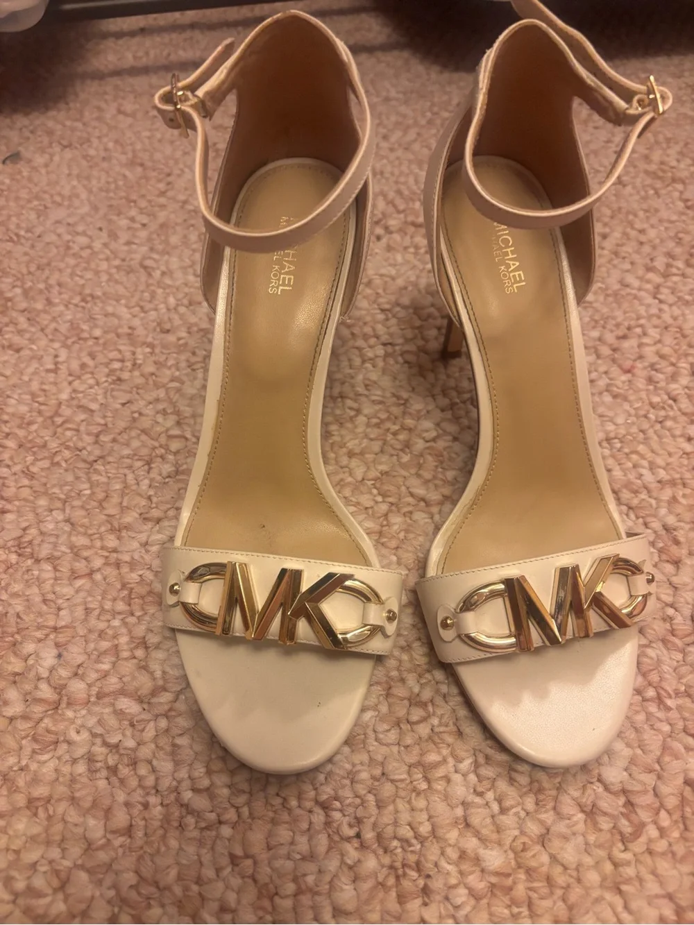 MICHAEL Michael Kors Cream Ankle-Strap Heels with Gold MK Logo